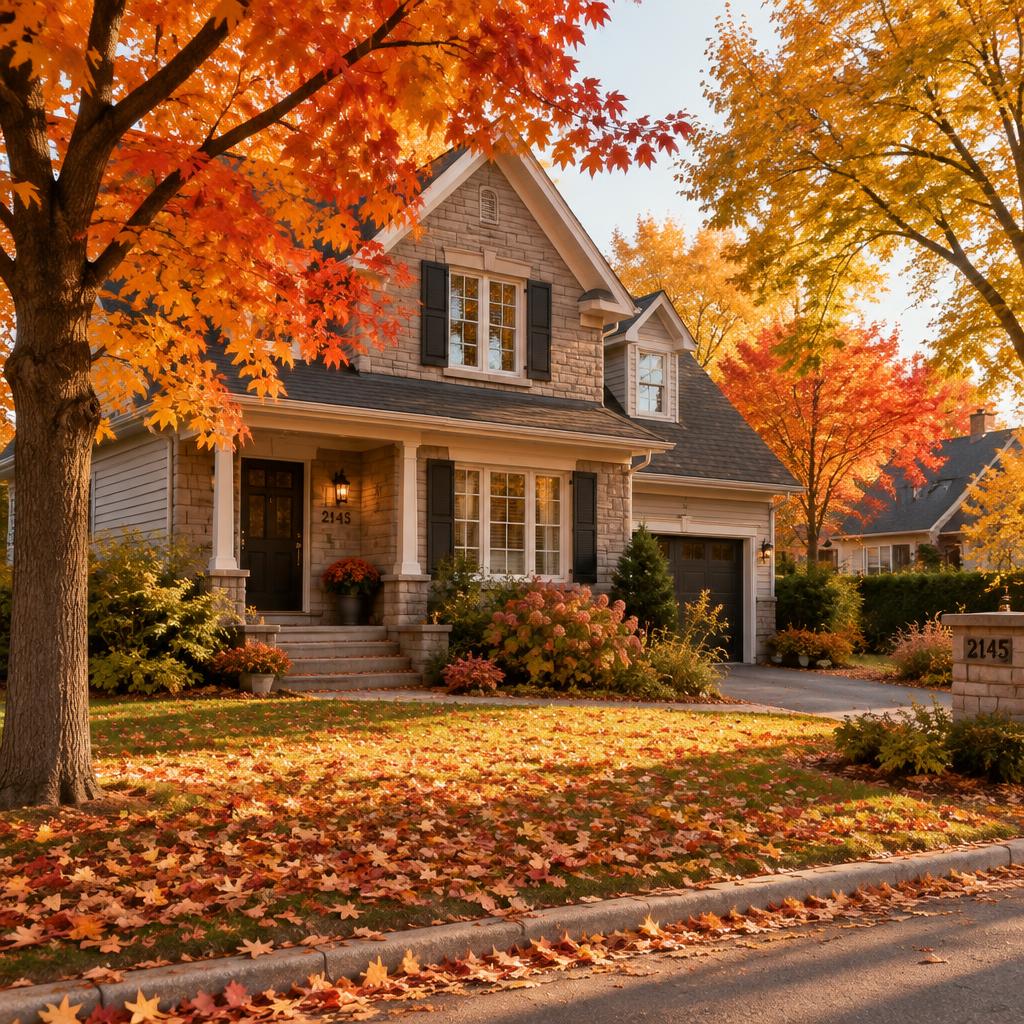 Maison entourée d'arbres en couleurs d'automne sur la Rive-Sud de Montréal.