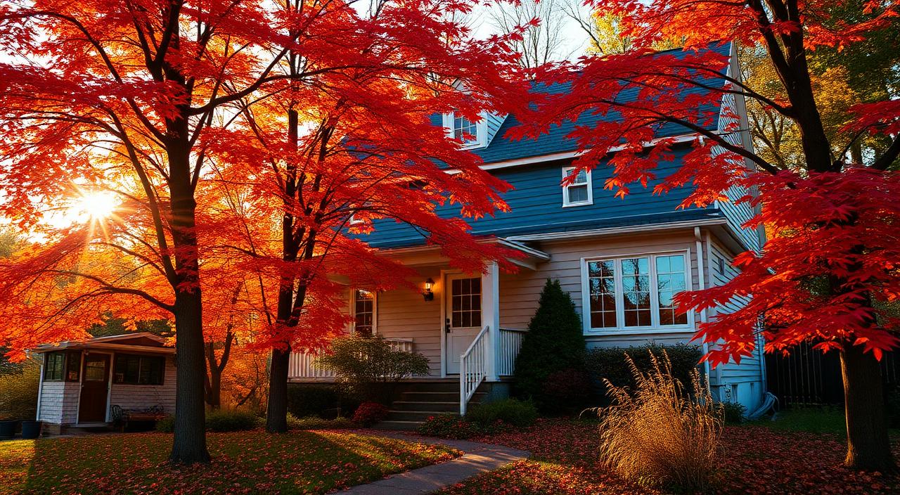 Maison québécoise entourée d'érables aux couleurs d'automne