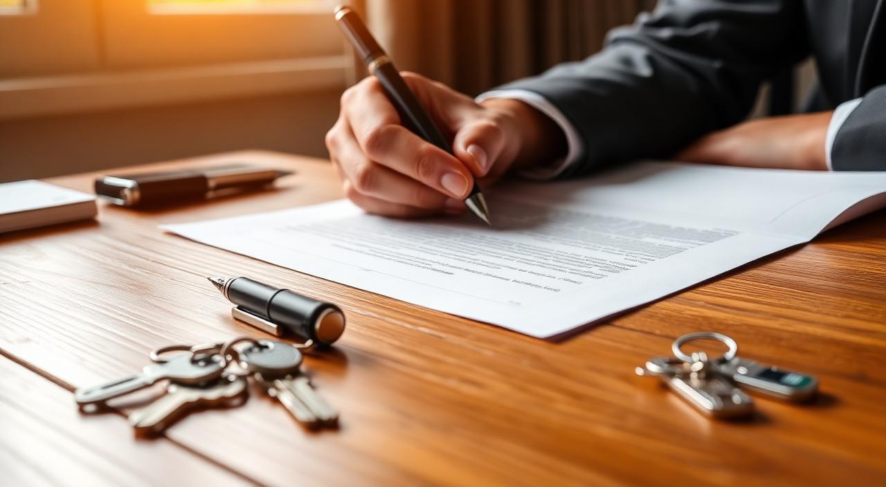 Signature de documents immobiliers avec clés sur la table