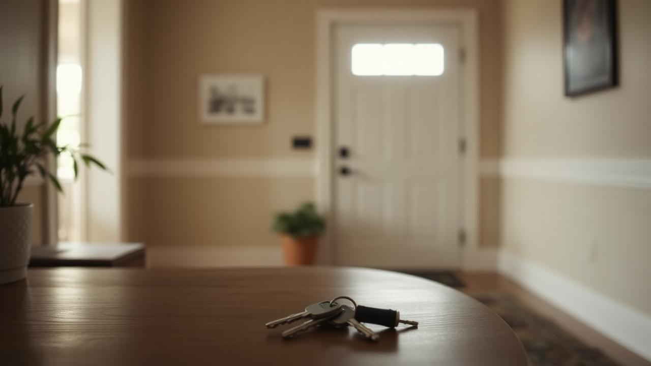 Entrée paisible d'une maison familiale avec des clés posées sur une table
