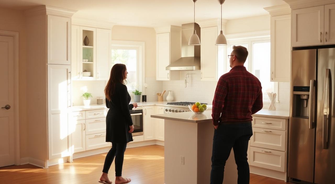 Courtière faisant visiter une cuisine moderne lumineuse